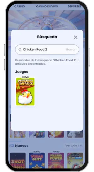 Lobby de casino con barra de búsqueda mostrando Chicken Road 2