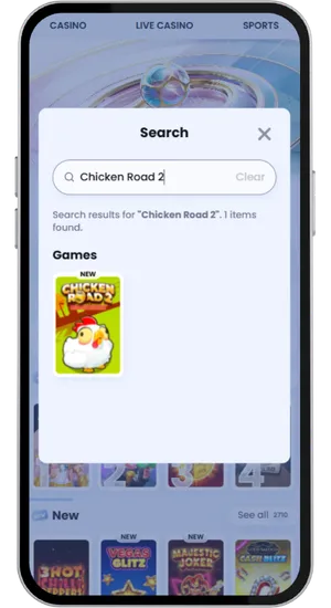 Casino pokie lobby with search bar highlighting Chicken Road 2 game