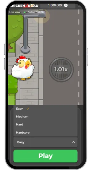 Chicken Road 2 difficulty selection menu with Easy, Medium, Hard and Hardcore options