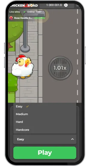 Menu wyboru poziomu trudności w Chicken Road 2: Easy, Medium, Hard, Hardcore